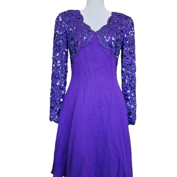 Vintage 80s Purple Silk Beaded Cocktail Dress Longsleeve - Picture 2 of 12